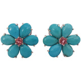 Rubelite Turquoise Gold Flower Earrings