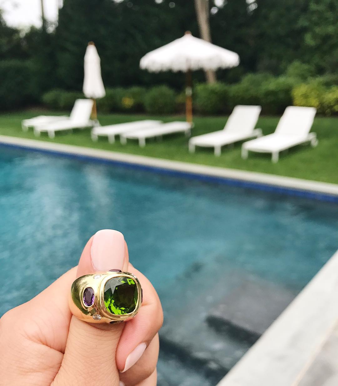 Bonheur Ring, Pink Topaz and Peridot and Diamond Yellow Gold Domed Ring