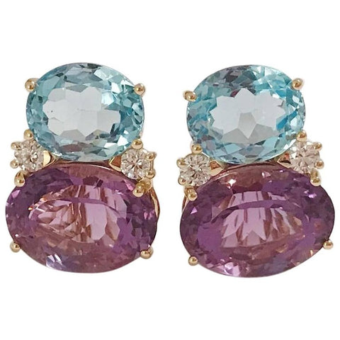 Large Gum Drop Earrings with Pale Blue Topaz and Bright Amethyst and Diamonds