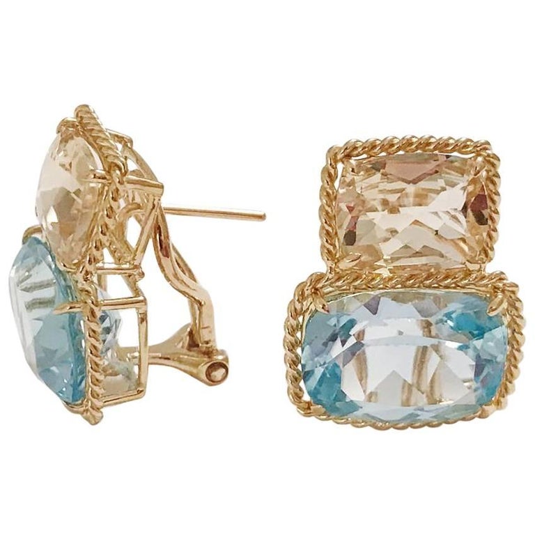 Blue Topaz and Iolite Three Stone Cushion Cut Ring