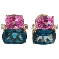 Double Cushion Pink and Blue Topaz Stone Diamond Yellow Gold Earrings