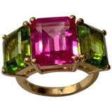 18kt Yellow Gold Mini Emerald Cut Ring with Pink Topaz and Blue Topaz