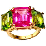 18kt Yellow Gold Mini Emerald Cut Ring with Pink Topaz and Peridot