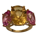 Citrine and Pink Topaz Yellow Gold Three-Stone Cushion Ring