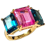 18kt Yellow Gold Mini Emerald Cut Ring with Pink Topaz and Peridot