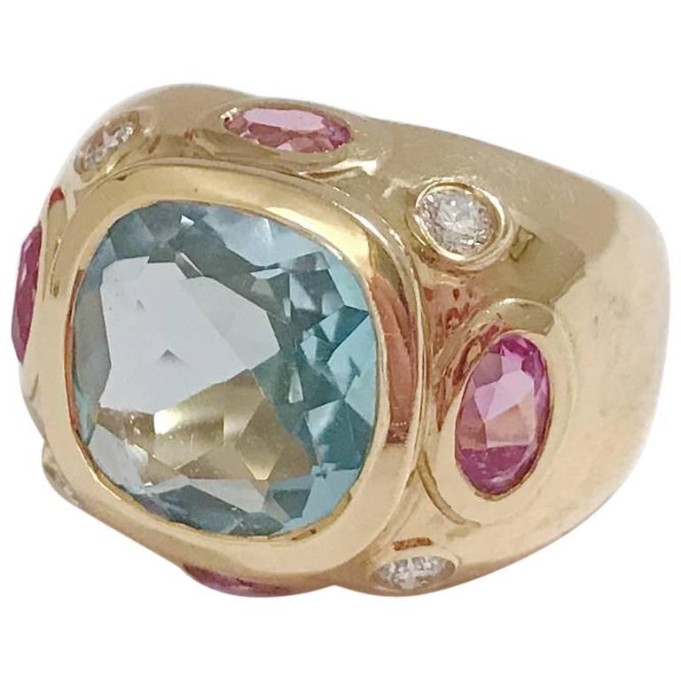 Bonheur Ring, Blue Topaz and Pink Topaz and Diamond Yellow Gold Domed Ring