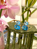 Yellow Gold Green Blue Topaz Cushion Earrings with Twisted Rope Border