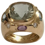 Bonheur Ring, Blue Topaz and Pink Topaz and Diamond Yellow Gold Domed Ring
