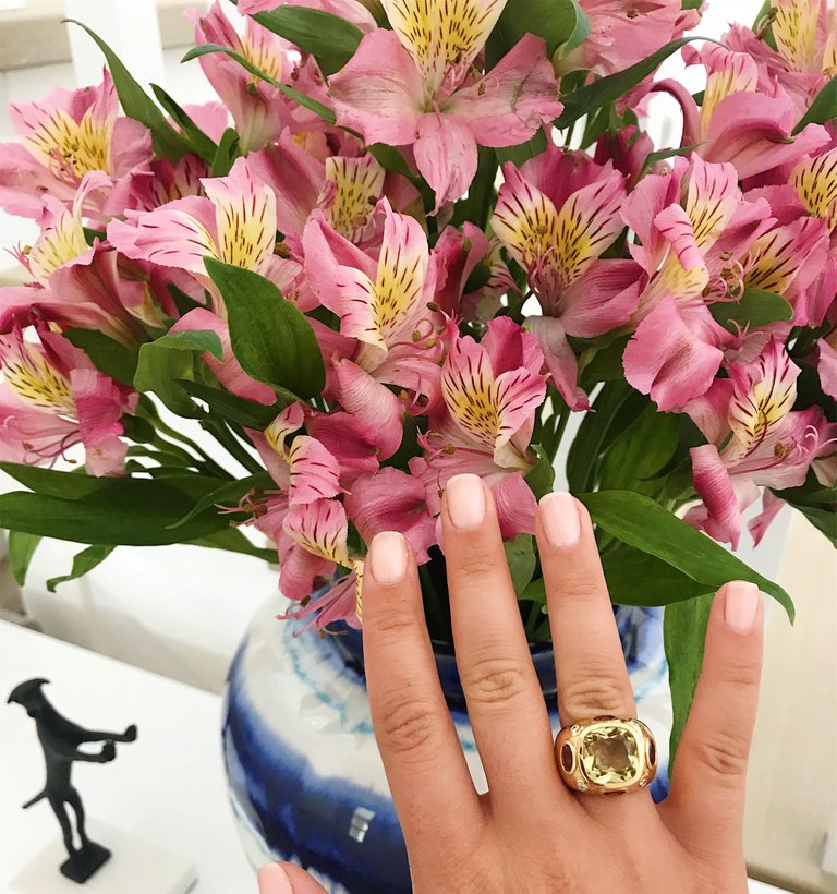 Bonheur Ring, Pink Topaz and Peridot and Diamond Yellow Gold Domed Ring