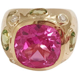 Bonheur Ring, Pink Topaz and Blue Topaz and Diamond Yellow Gold Domed Ring