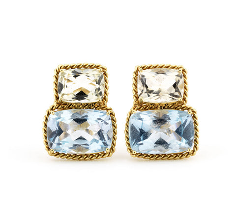18kt Yellow Gold Green Amethyst & Blue Topaz Cushion Earrings with Twisted Rope Border
