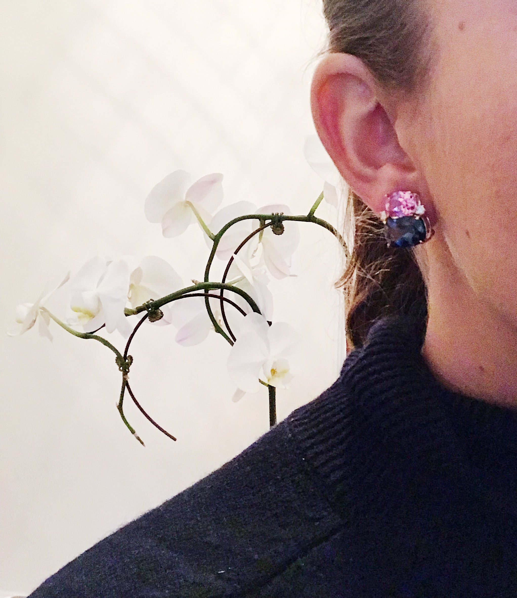 Double Cushion Pink and Blue Topaz Stone Diamond Yellow Gold Earrings