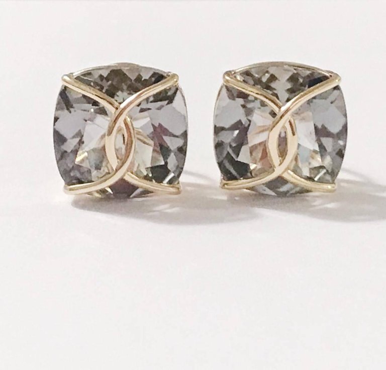 Green Amethyst Cushion Stud Earring with Yellow Gold Wire Wrap