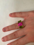 18kt Yellow Gold Mini Emerald Cut Ring with Pink Topaz and Peridot