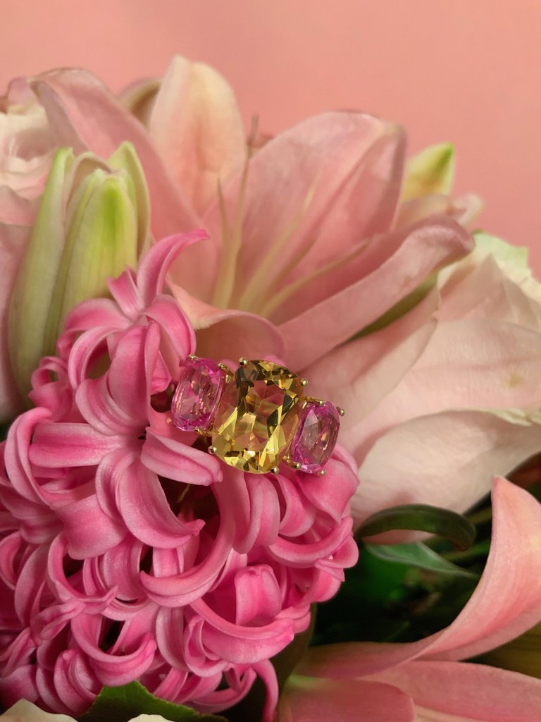 Citrine and Peridot Yellow Gold Three-Stone Cushion Ring