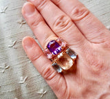 Mini Three-Stone Amethyst Ring and Pink Topaz with Rose Gold Rope Twist Border