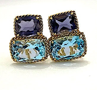 18kt Yellow Gold Cushion Cut Earring with Rope Twist Border with Green Quartz