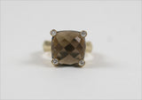 18kt Yellow Gold faceted Cushion Ring with Smoky Topaz and Diamonds