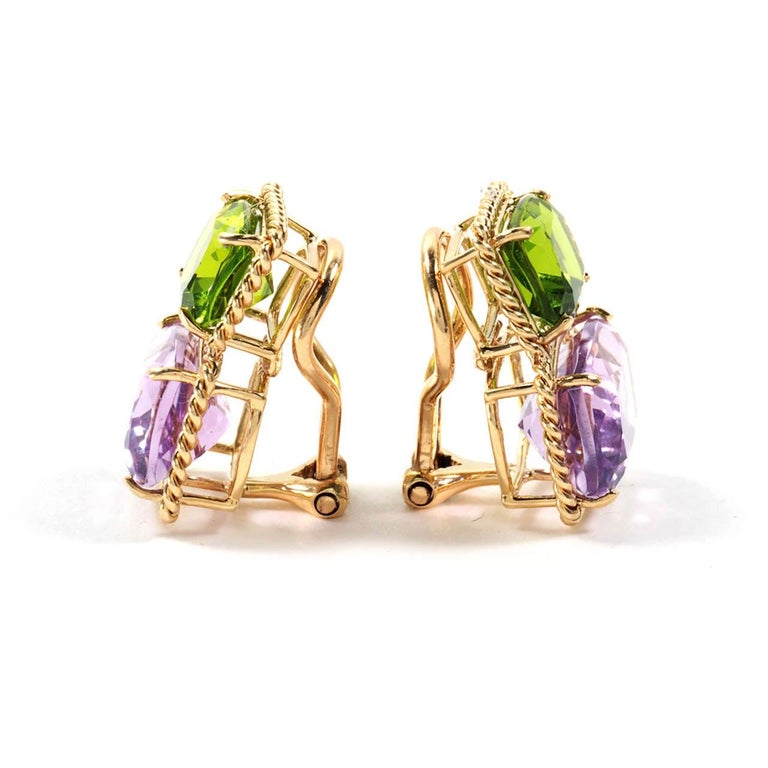 18kt Yellow Gold Light Pink Topaz & Deep Pink Topaz Cushion Cut Earrings with Twisted Rope Border