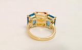 18kt Yellow Gold Mini Emerald Cut Ring with Orange Citrine and Blue Topaz