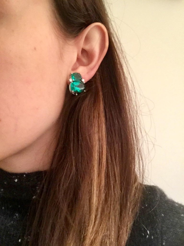 Double Cushion Green Quartz Diamond Yellow Gold Earrings