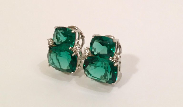 Double Cushion Green Quartz Earrings with Detachable Pearls
