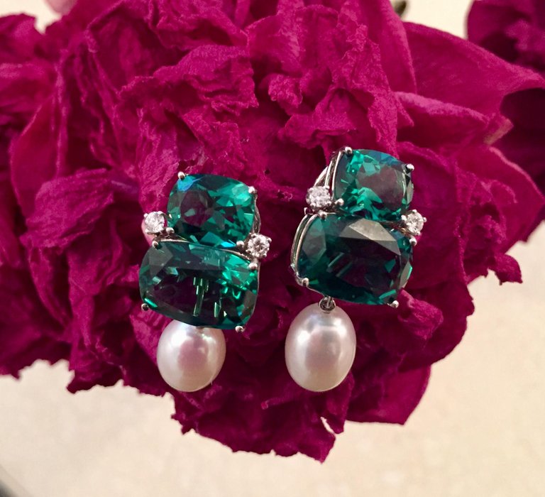 Double Cushion Green Quartz Diamond Yellow Gold Earrings