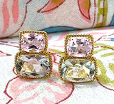 Elegant Three Stone Morganite and Pink Topaz Ring with Gold Rope Twist Border