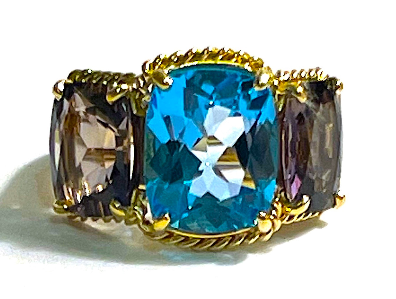 Blue Topaz and Iolite Three Stone Cushion Cut Ring