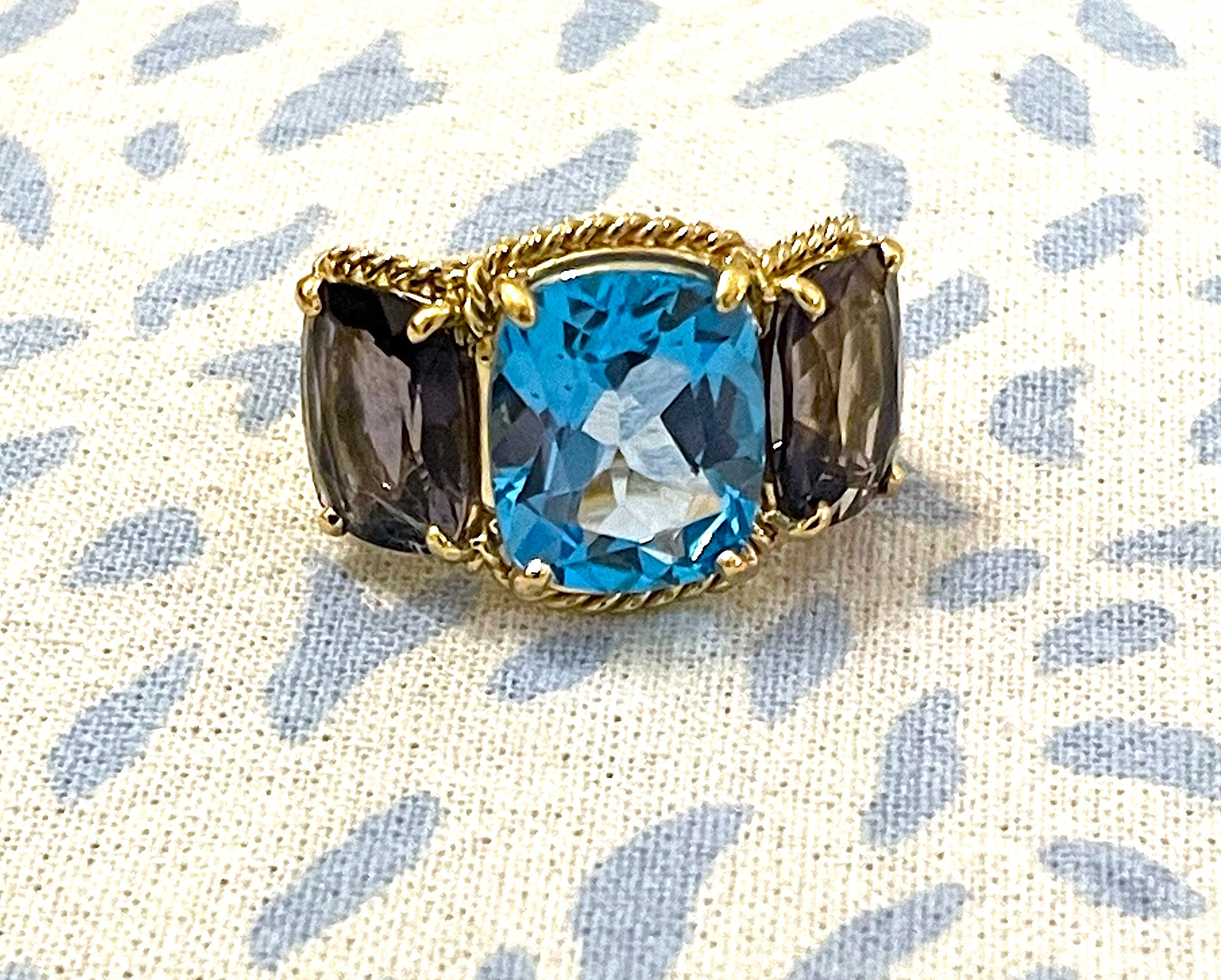 Blue Topaz and Iolite Three Stone Cushion Cut Ring