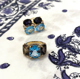 Blue Topaz and Iolite Three Stone Cushion Cut Ring
