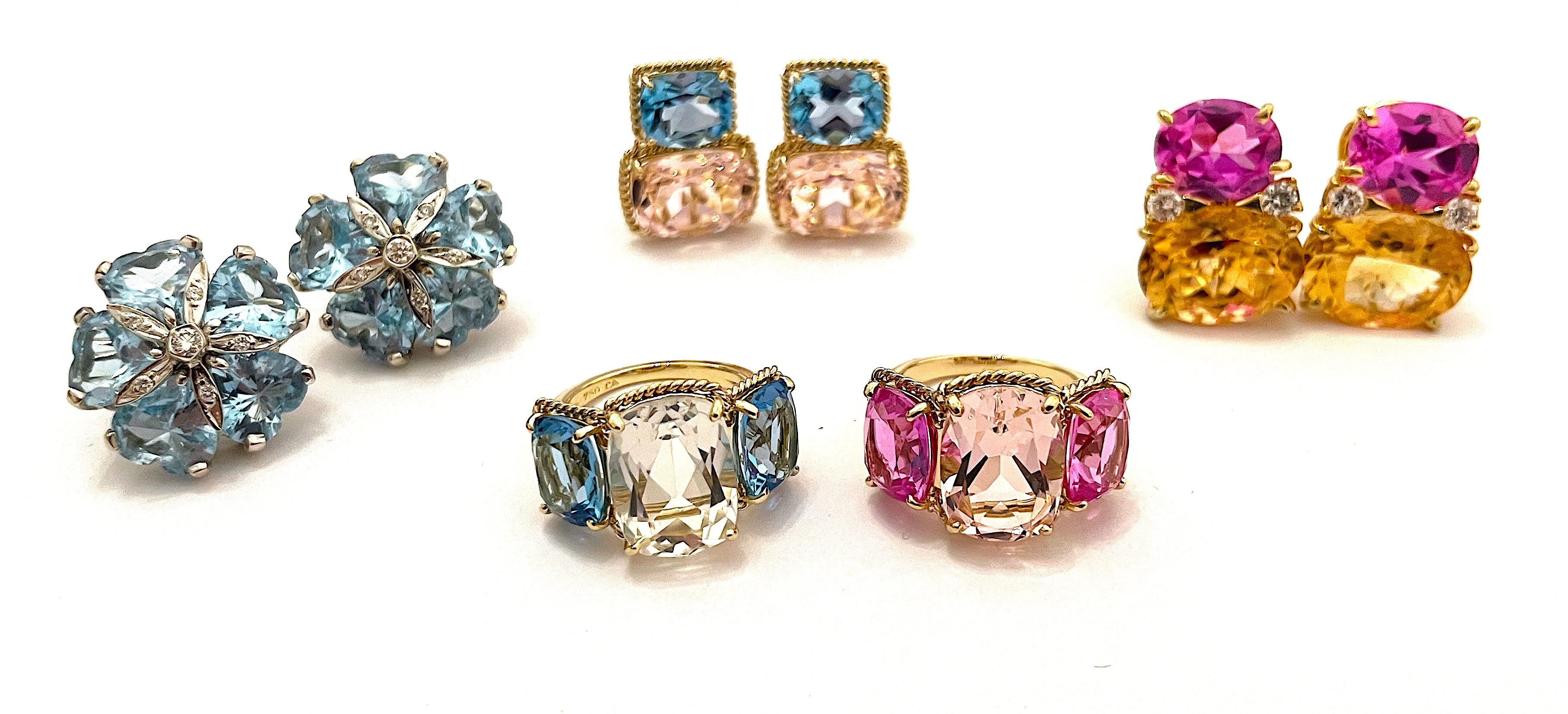 Pink Topaz and Rock Crystal Three Stone Ring with Rope Twist Border