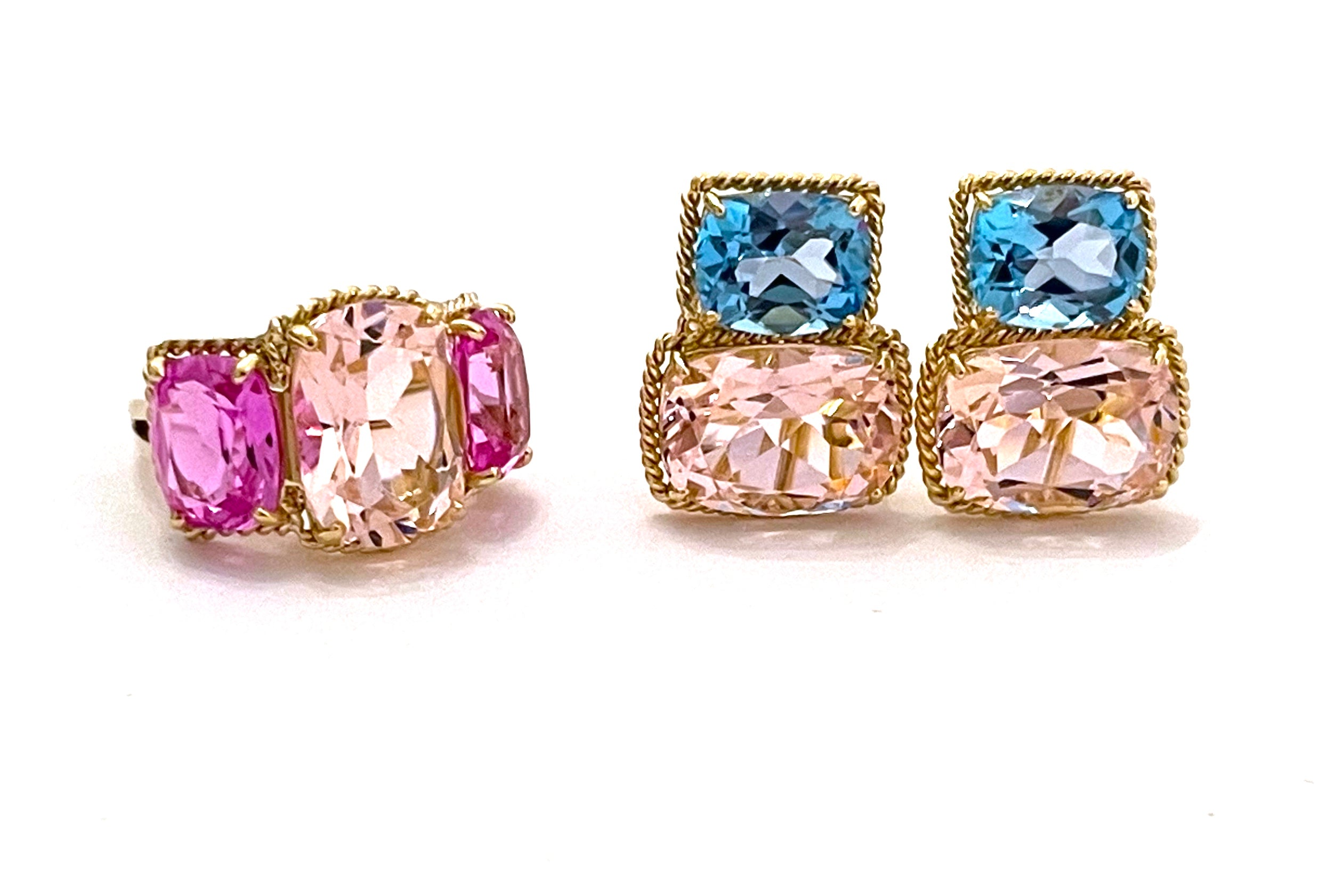 Pink Topaz and Rock Crystal Three Stone Ring with Rope Twist Border