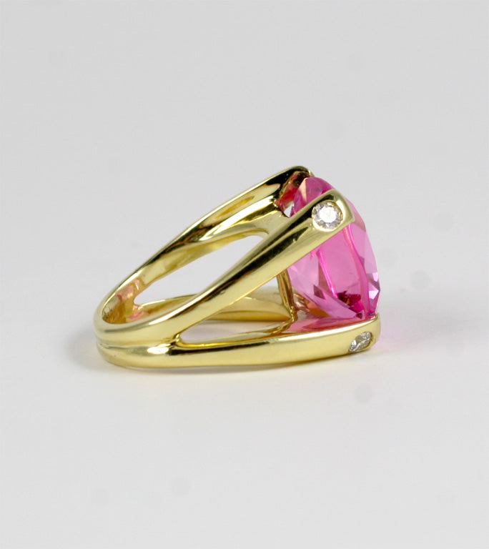 Faceted Cushion Cut Pink Topaz Dome Ring with Diamonds