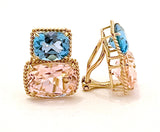 18kt Yellow Gold Medium Cushion Cut Earring with Rope Twist Border with Iolite and Blue Topaz