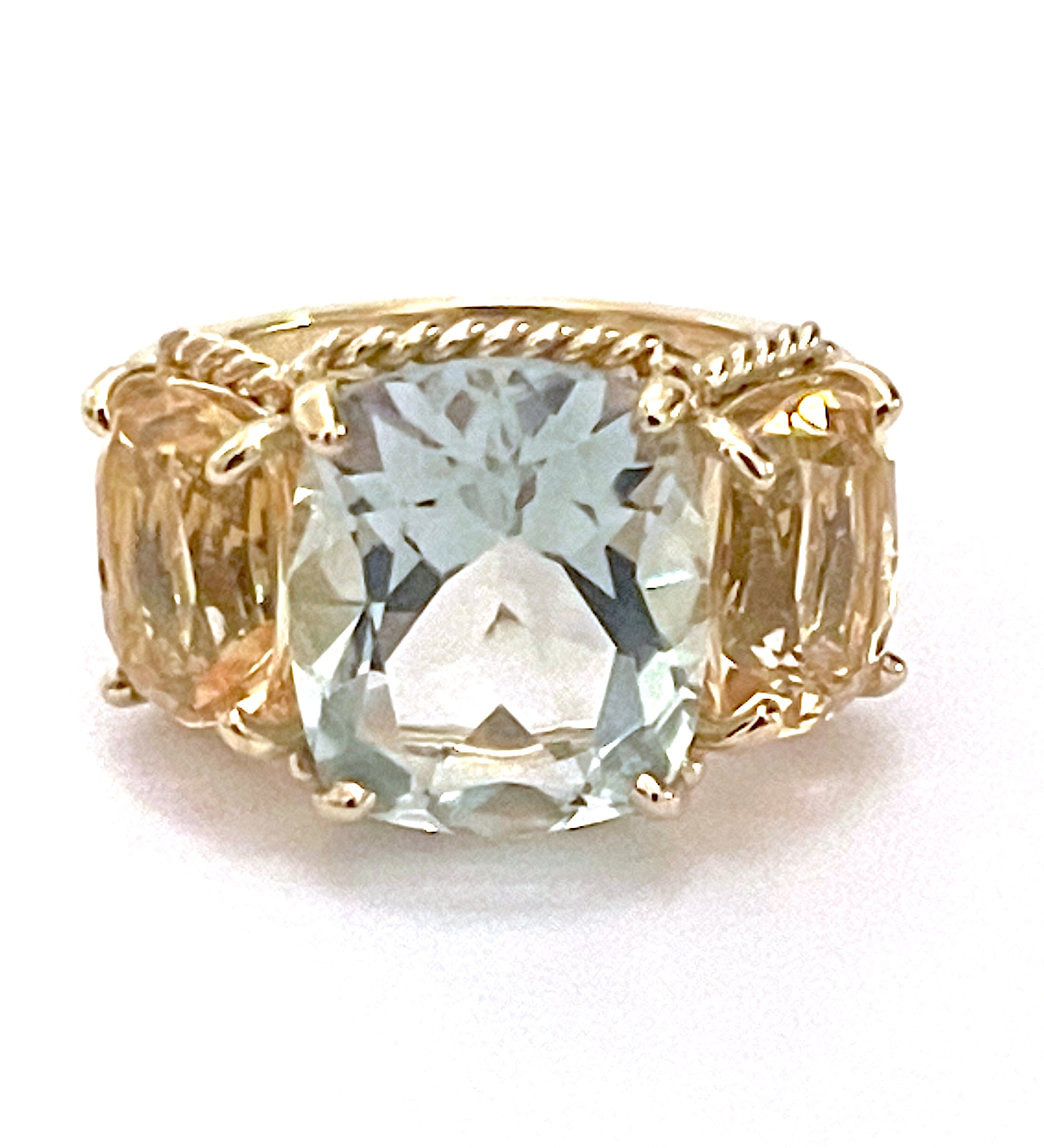 Mini Blue Topaz and Peridot Three Stone Ring with Rope Twist Border