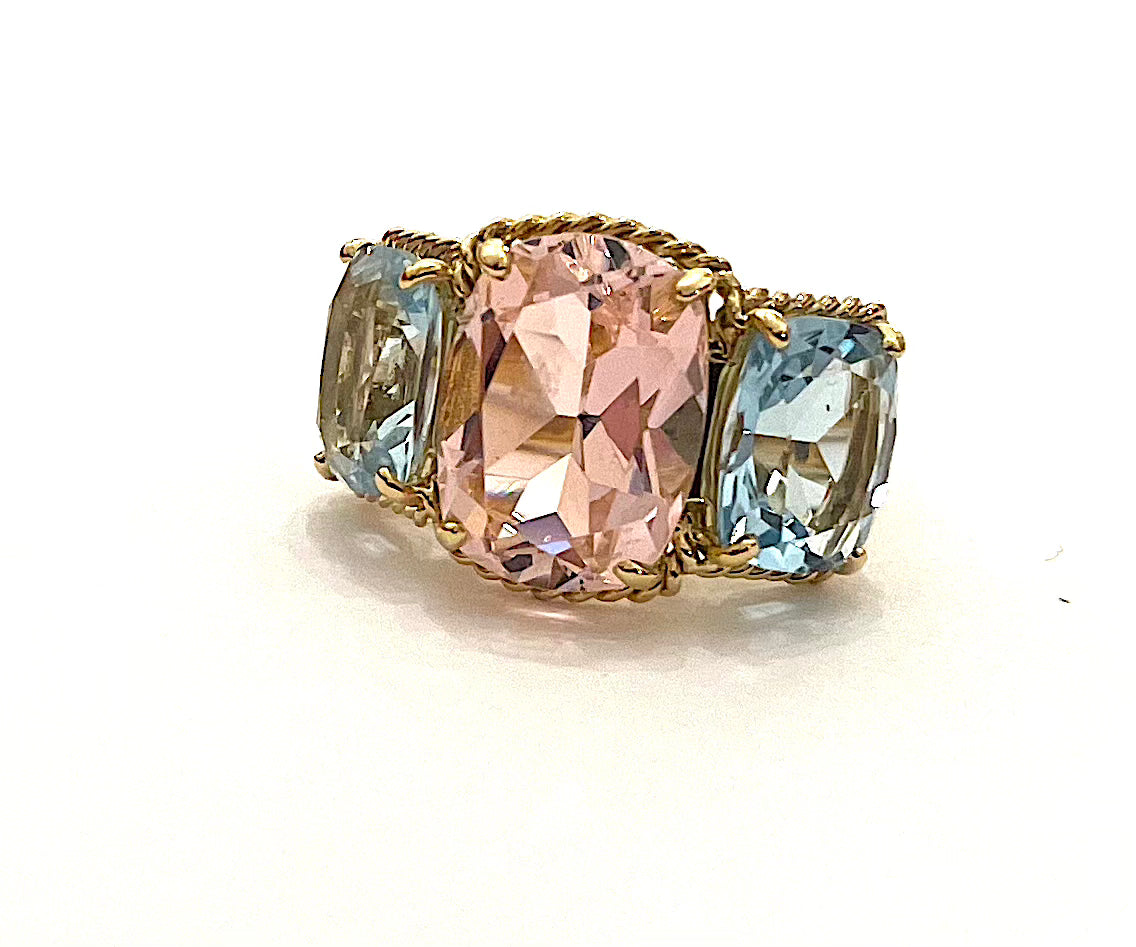 18kt Yellow Gold Three Stone Ring with Pink Topaz and Blue Topaz and Rope Twist Border