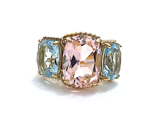 18kt Yellow Gold Three Stone Ring with Pink Topaz and Blue Topaz and Rope Twist Border