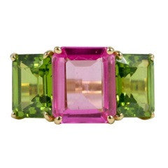 18kt Yellow Gold Emerald Cut Ring with Peridot and Pink Topaz