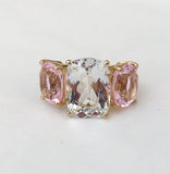 Rock Crystal and Pink Topaz Yellow Gold Three-Stone Cushion Ring