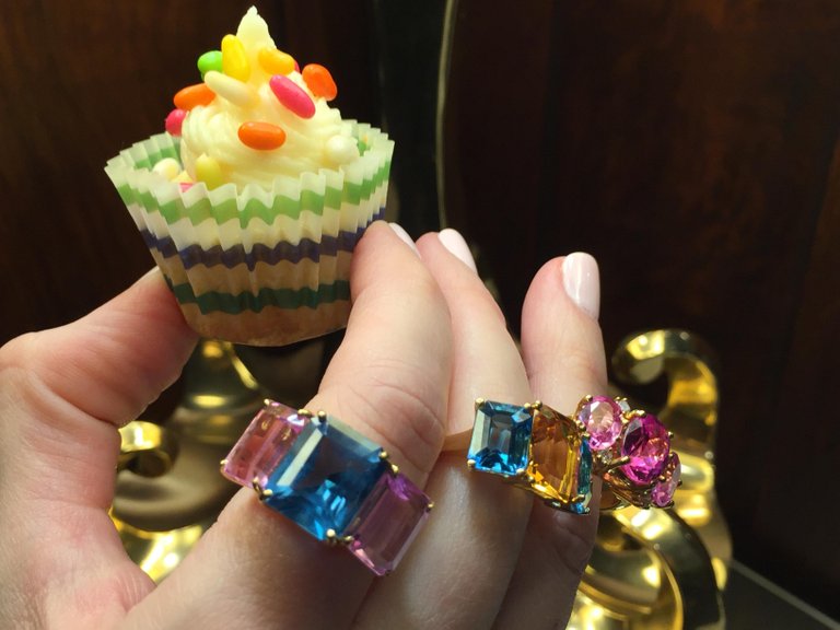 18kt Yellow Gold Mini Emerald Cut Ring with Blue Topaz and Peridot