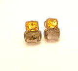 18kt Yellow Gold Cushion Rope Twist Border Earring with Citrine and Smoky Topaz