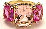 Citrine pink topaz gold Three Stone Ring with Rope Twist Border