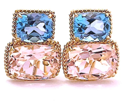 18kt Yellow Gold Light Pink Topaz & Deep Pink Topaz Cushion Cut Earrings with Twisted Rope Border