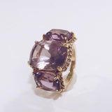 Elegant Three Stone Amethyst Ring with Gold Rope Twist Border