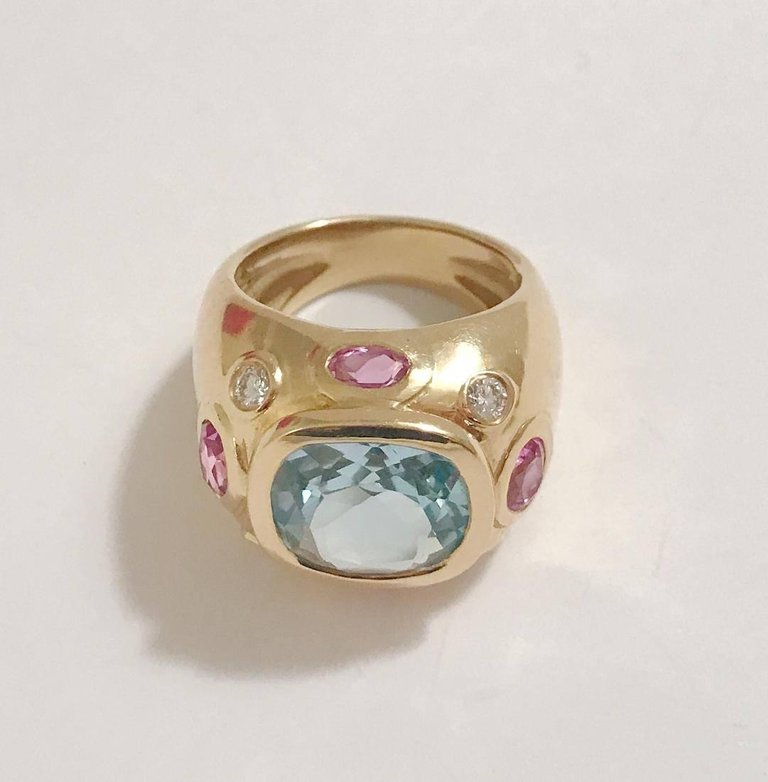 Bonheur Ring, Blue Topaz and Pink Topaz and Diamond Yellow Gold Domed Ring
