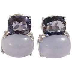 White Gold Double Cushion Earrings with Iolite and Cabochon Chalcedony