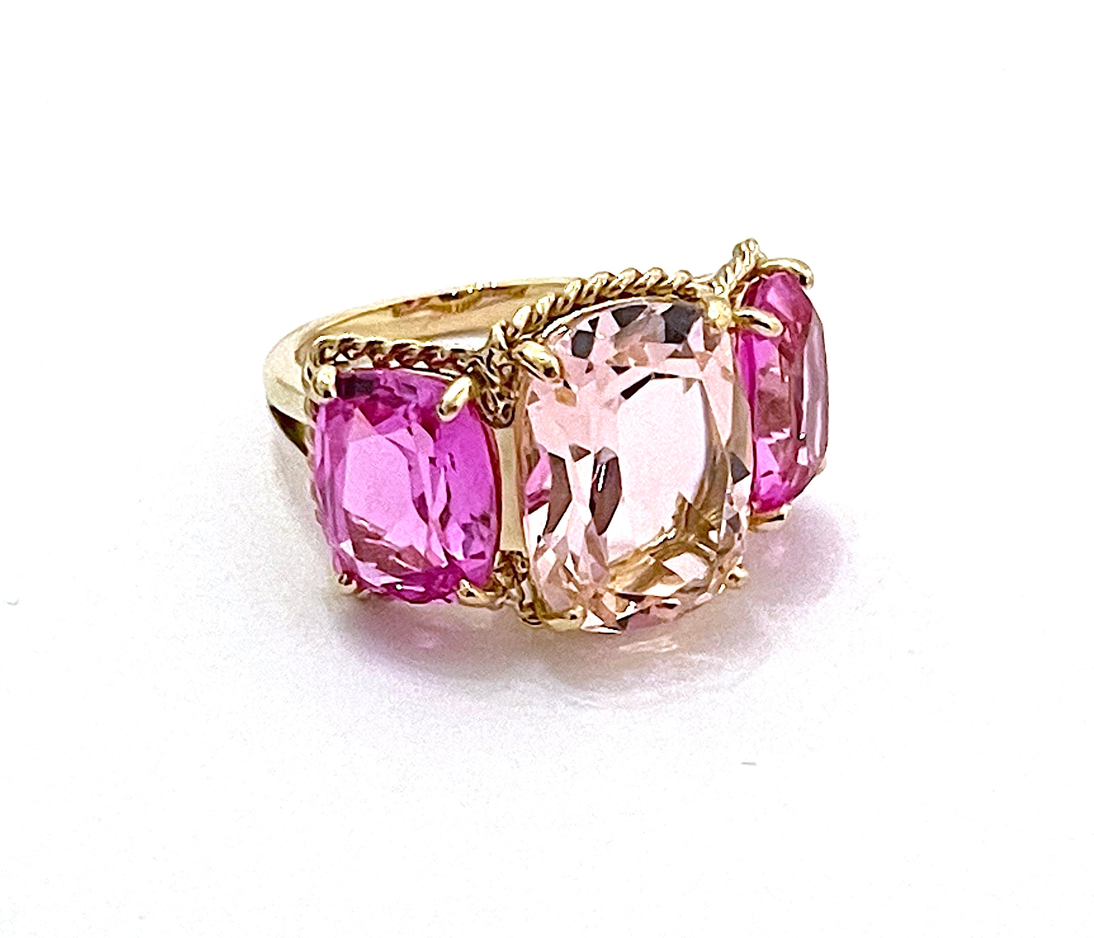 Pink Topaz and Rock Crystal Three Stone Ring with Rope Twist Border