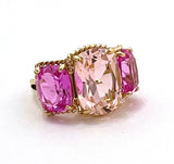 Citrine pink topaz gold Three Stone Ring with Rope Twist Border