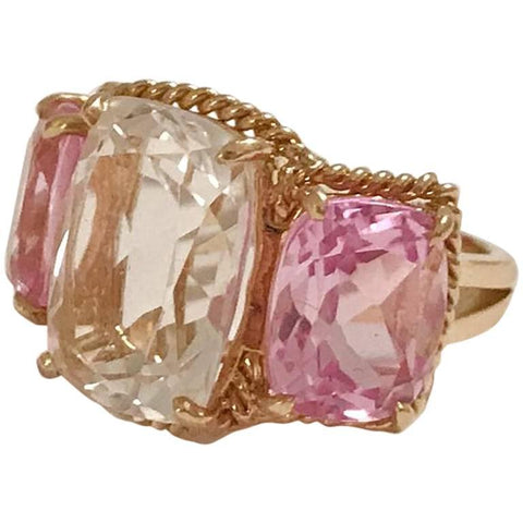 Elegant Three-Stone Rock Crystal and Pink Topaz Ring with Gold Rope Twist Border